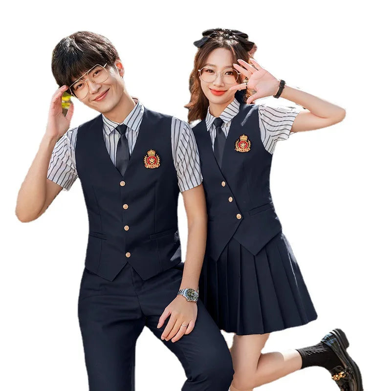 AI-MICH Preppy Style School Uniforms Summertime Vest Set for Middle School Students Including Blazer Shirt Kindergarten