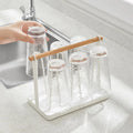 Kitchen 6 Hook Cup Drying Rack with Tray Simple Coffee Mug Holder Wood Handle Non-slip Desktop Juice Tea Glass Cup Drainer Shelf