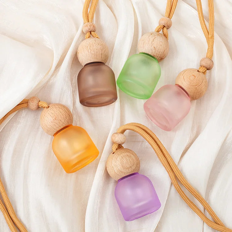 10ml Empty Car Hanging Pendant Air Freshener Bottle Colorful Frosted Glass Perfume Diffuser Bottle with Wood Cap