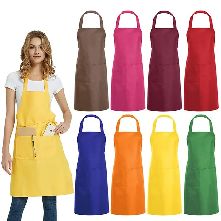 Wholesale Custom Logo Plain Color Polyester Apron with Front Pocket Chef Cafe Bbq Food Cooking Cleaning Bib Aprons Kitchen Apron