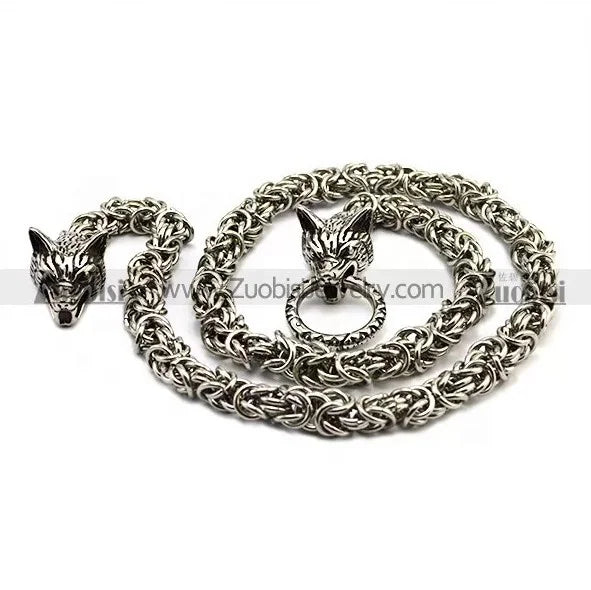Punk Style Biker Men's Heavy Jewelry Double Wolves Biting Iron Ring Stainless Steel Byzantine Chain Necklace