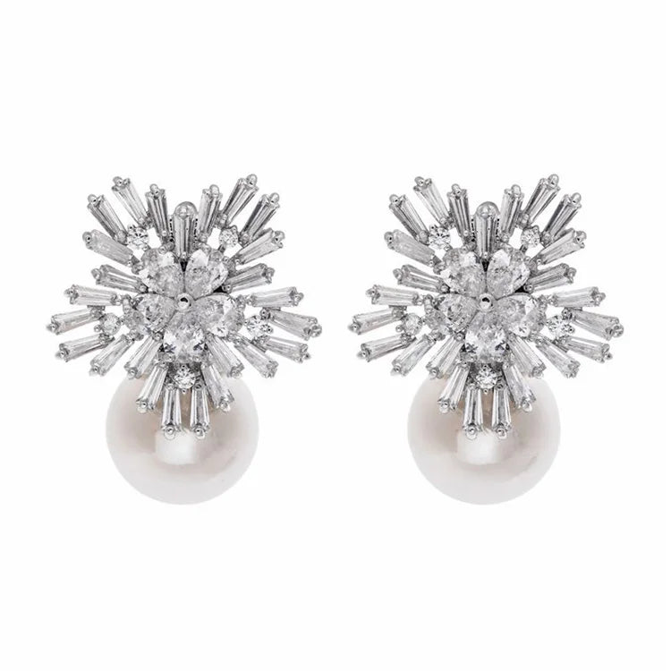 Wholesale Luxury 925 Silver Needle Earrings Snowflake Zircon Pearl Wedding Drop Stud Earrings