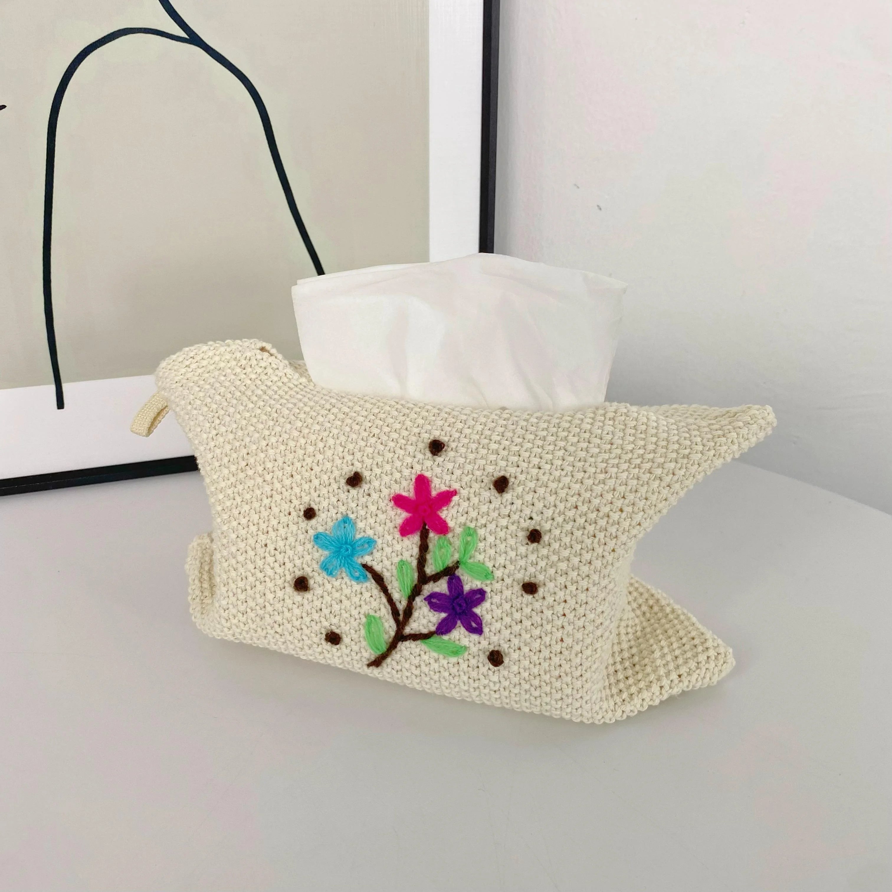 Modern Asian Zen Style Green Polyester Rectangle Simple Flower Knitted Tissue Box Cover Office/Living Room/Bedroom Napkin