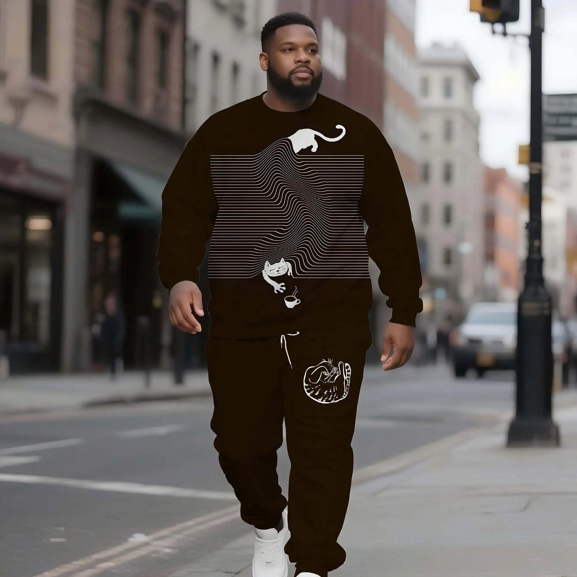 Streetwear Men's Crew Neck Sweatshirt Set Plus Size Classic Striped Cat Coffee Print Wholesale