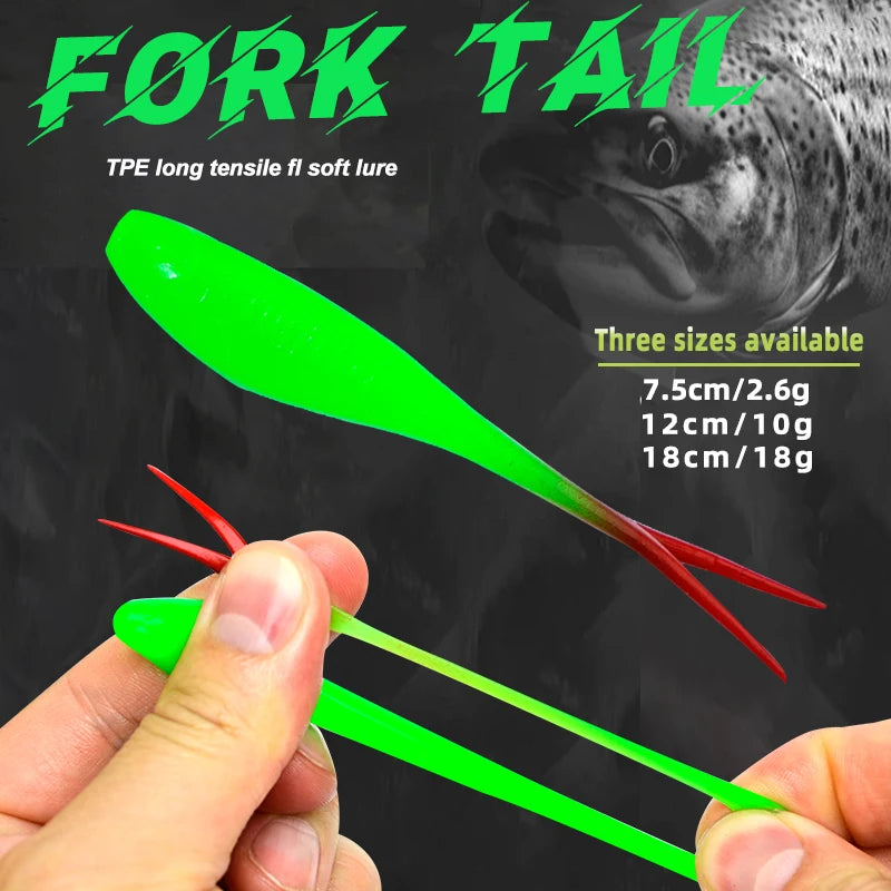 Long Tensile TPE Soft Lure 75mm 12cm 18cm Fishing Bass Bait Forked Tail Floating Soft Fishing Lure Surface Plastic Swim Baits MegaBDM