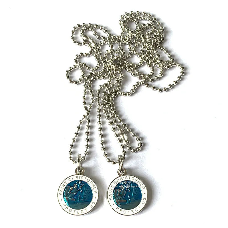 St Christopher Necklace White Blue Hard Enamel Mens St Saint Christopher Medal Pendant Badge 20mm 25mm