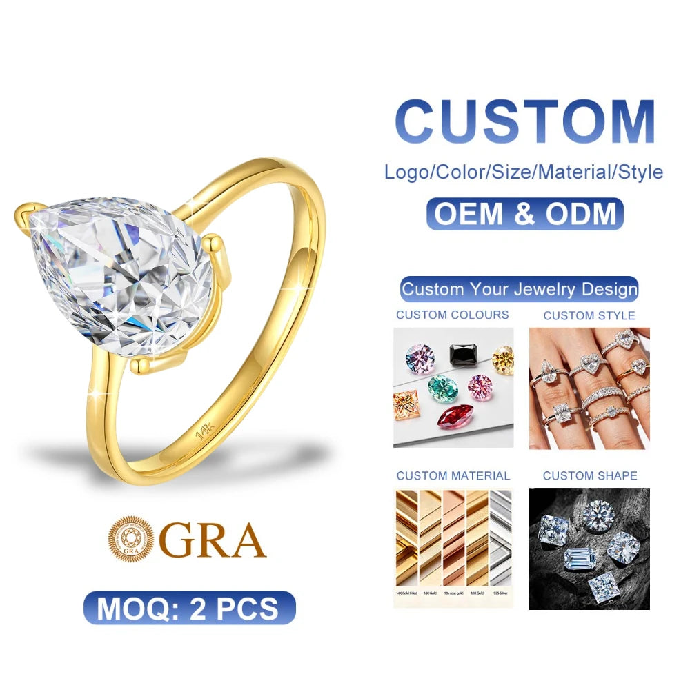 Luxury Fine Jewellery Supplier Woman Engagement Party Ring 3 Claws Hollow 14K Gold 2ct Pear Cut Moissanite Diamond Ring