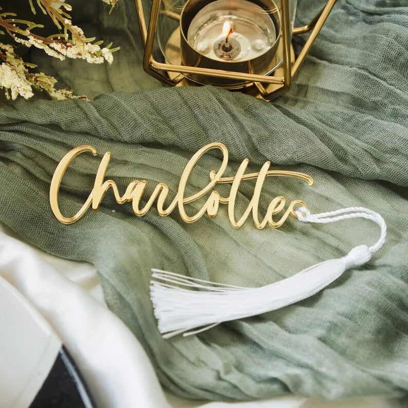 Unique Luxury Laser Cut Gold Mirror Acrylic Wedding Place Name Tags Setting Card With Tassels for Party Favour Bookmark Keyring