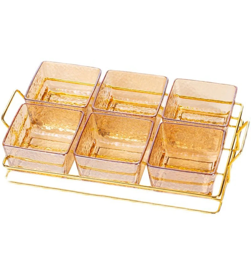 Metal Snack Tray with Grids Glass Bowl Candy Holder Plate