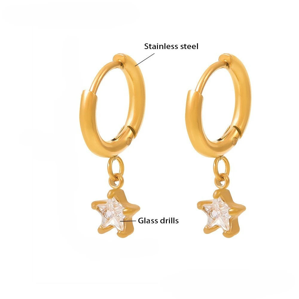 Niche Stainless Steel 18k Gold Plated Waterproof Jewelry Colorful Glass Diamond Pentagram Pendant Earrings Women YF6000