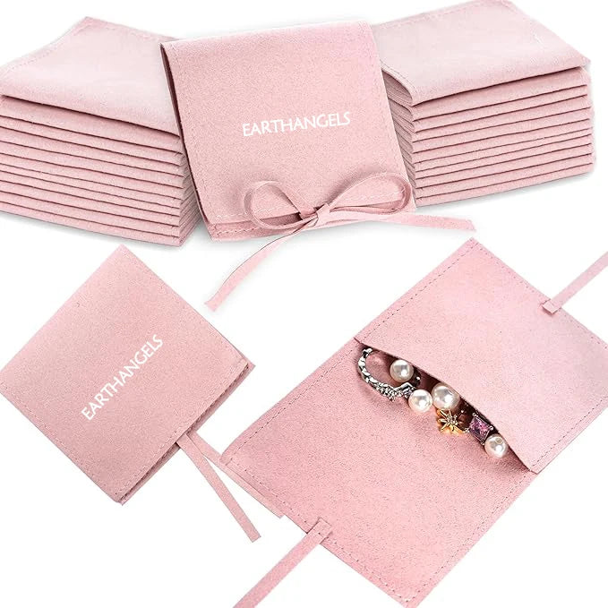 Wholesale Custom Pink Microfiber Velvet Suede Flap Small Jewelry Packaging Bag for Rings Bracelet