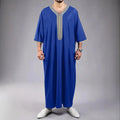 Middle East Jubba Thobe Embroidery Men Muslim Side Pocket Arabic Robe with Short Sleeves Kaftan Dubai Long Gown Islamic Clothes