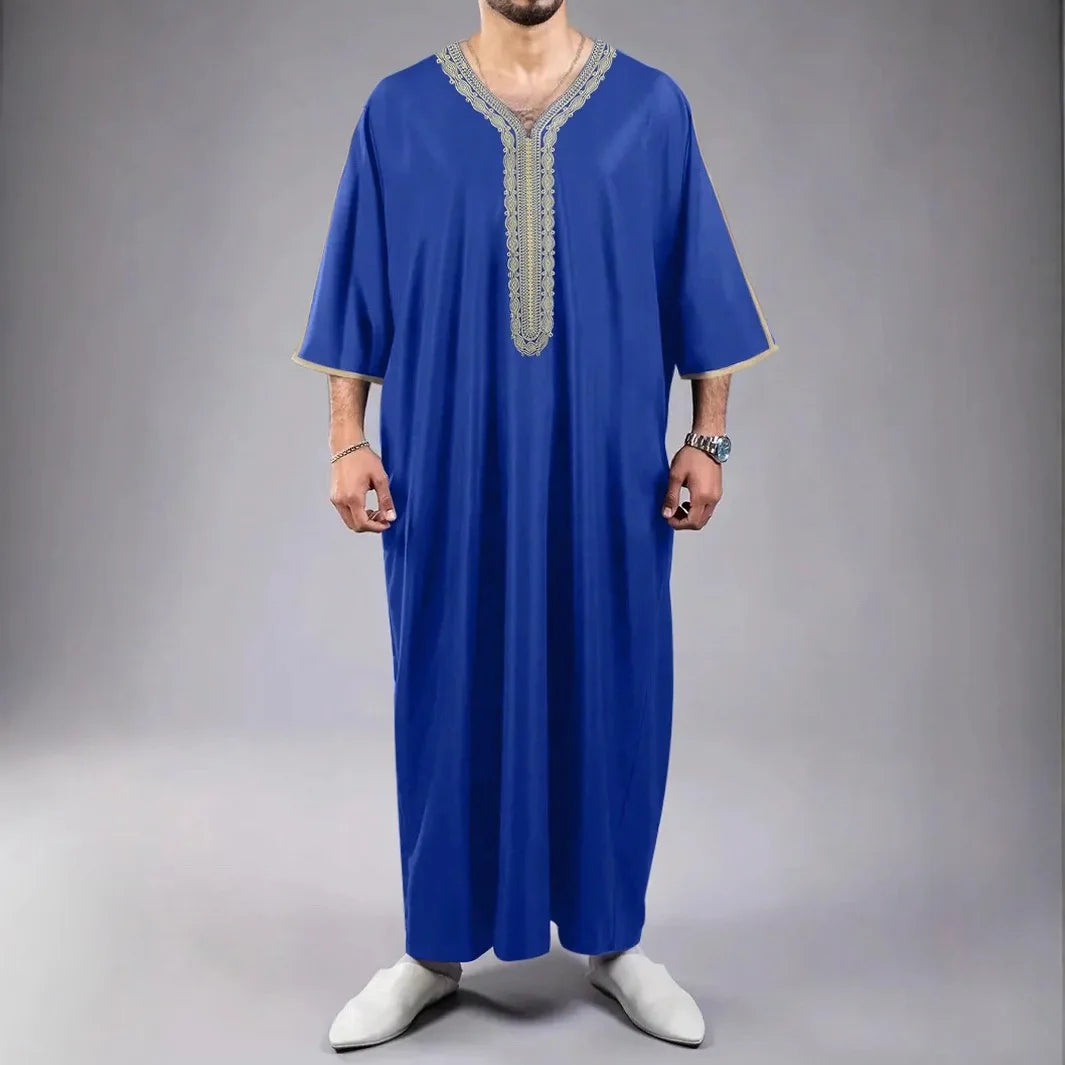 Middle East Jubba Thobe Embroidery Men Muslim Side Pocket Arabic Robe with Short Sleeves Kaftan Dubai Long Gown Islamic Clothes