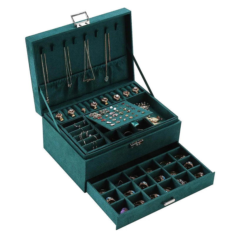 High-end Rectangle Velvet 3-layer Jewelry Box for Bracelets Necklaces Earrings Rings Storage Dark Green Luxury Organizer Drawer