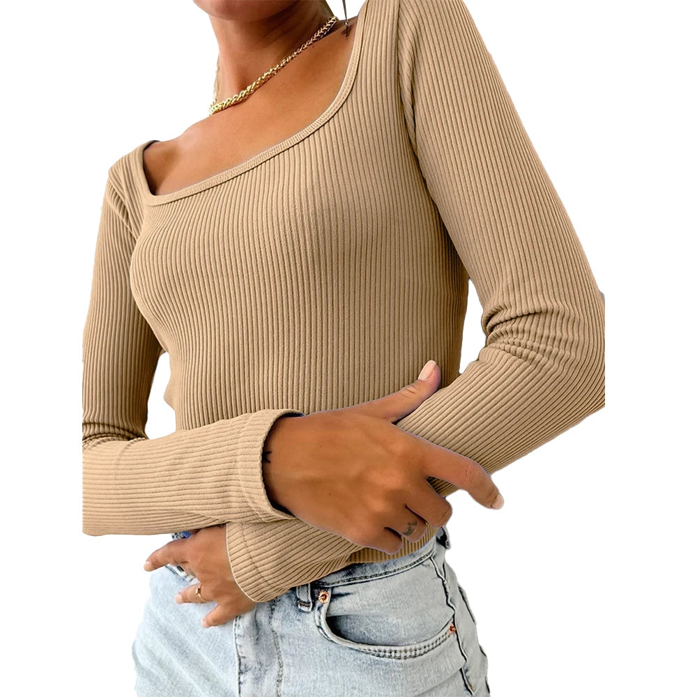 Spring Autumn Solid Color Square Neck Knit Pullover French Casual Slim Bottom Knit Sweater Knitted Sweater Pullover for Women