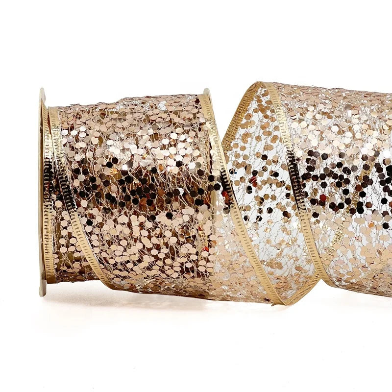 Decorative Glitter Sequin Mesh Ribbon Wired for Christmas Tree Wreath