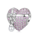 Shiny Pink Zircon Heart Shaped Gift with Pearl Dangle Charm 925 Sterling Silver Bead for Women Fine Charm Beads Jewelry Bracelet