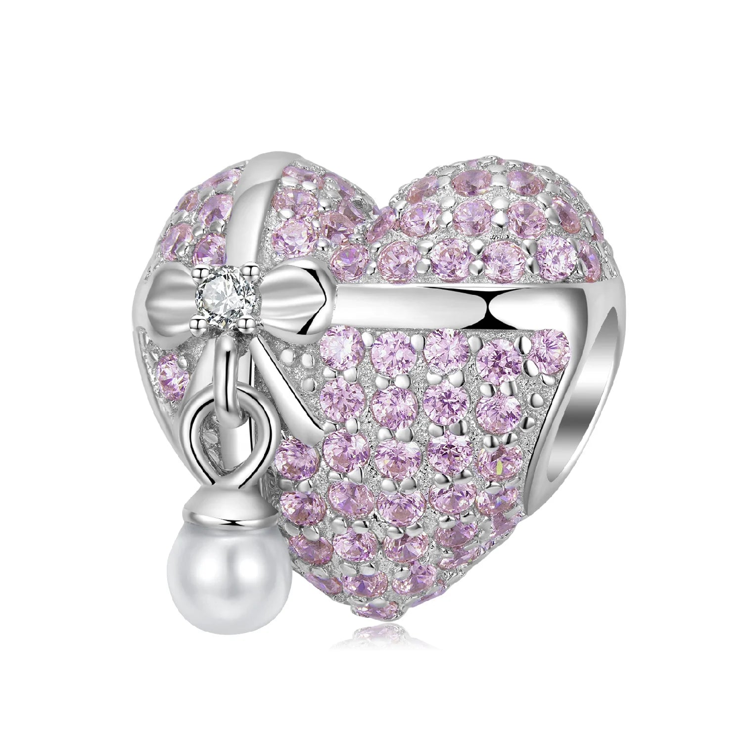 Shiny Pink Zircon Heart Shaped Gift with Pearl Dangle Charm 925 Sterling Silver Bead for Women Fine Charm Beads Jewelry Bracelet