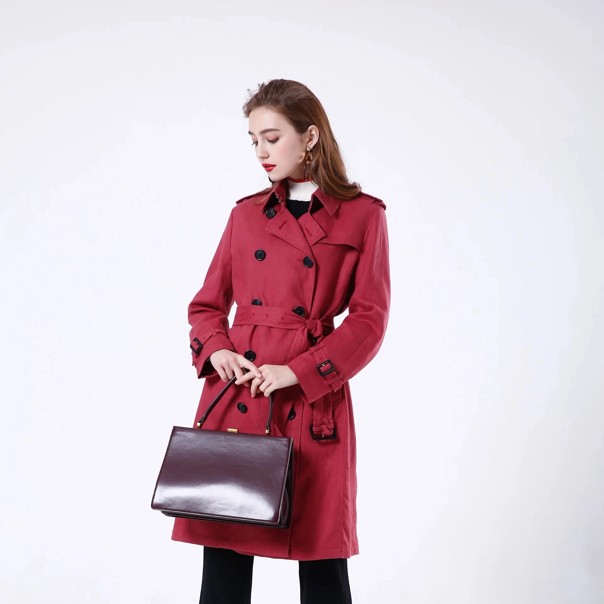 2023 Bosha Women's Casual Rose Red Long Trench Coat Double Breasted Closure for Autumn  With Buttons