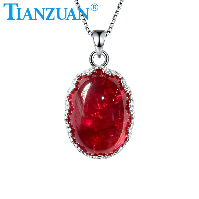 Synthetic Ruby with Inclusions 25x30mm Oval Shape Cabochon Flat Bottom Cut 925 Silver Pendent Necklace