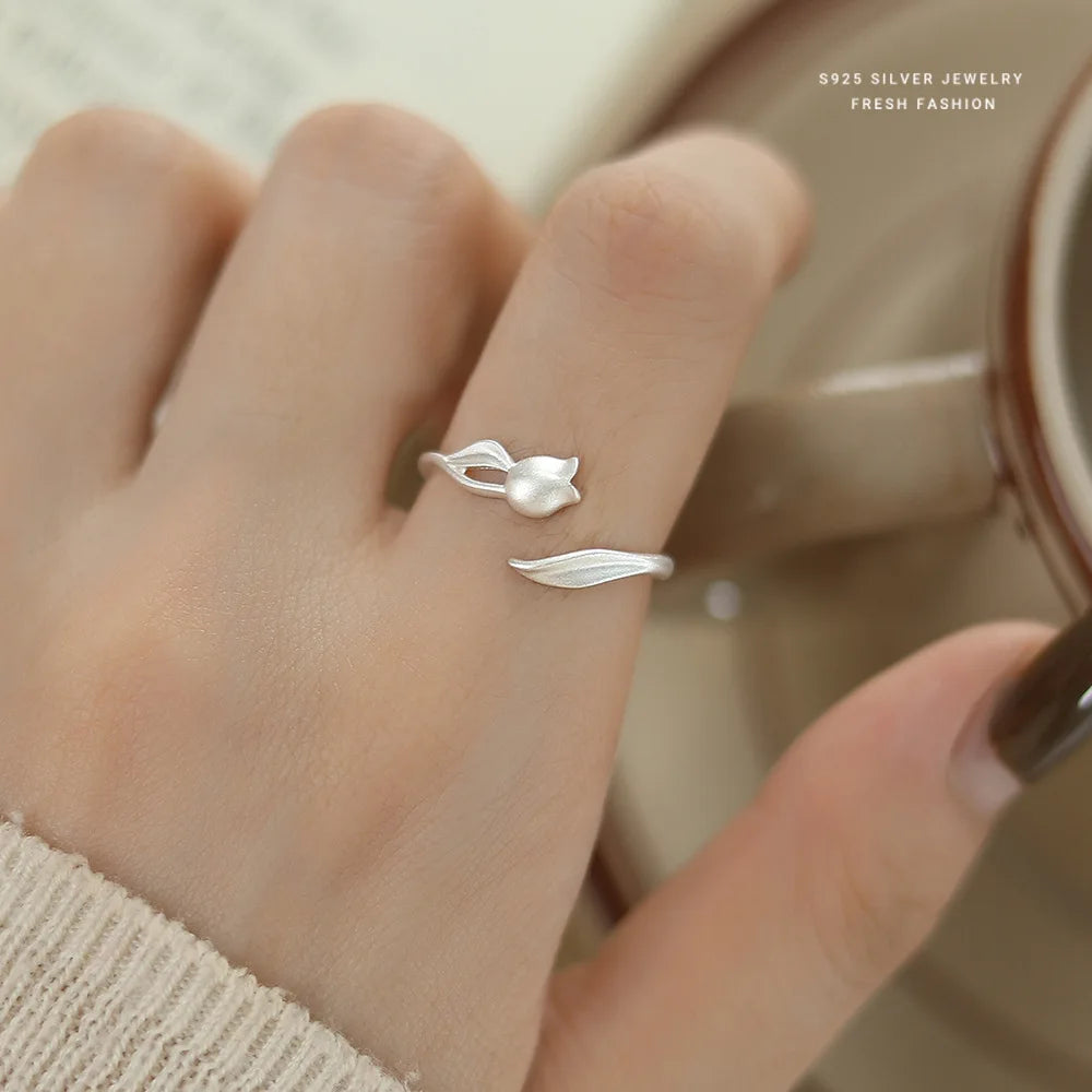 Minimalist Customized Matte Tulip Ring  925 Sterling Silver Korean Version Fashionable Flower Index Finger Ring for Women Gifts