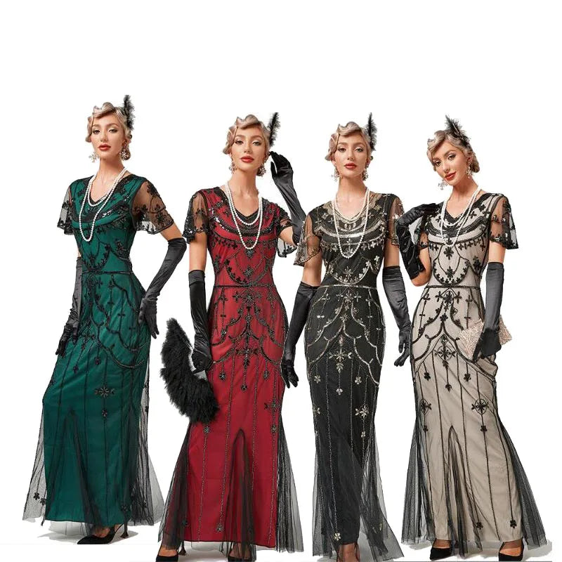 Ecowalson  Women 1920s Great Gatsby Dress Long 20s Flapper Dress Vintage V Neck Sequins Beads Maxi Party Dress Mesh Prom Gown