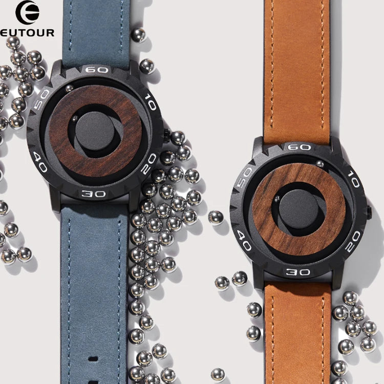 EUTOUR E031L Magnetic Ball Show Watch Men Watch Box Leather Strap Men Wristwatch Fashion Bracelet Waterproof Quartz Wooden Watch