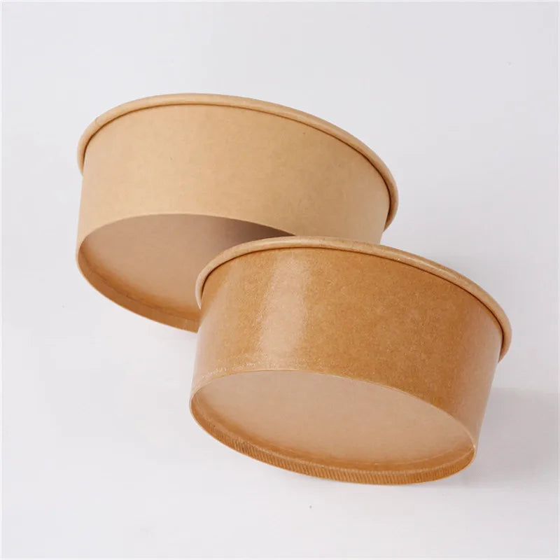 Custom Brown Kraft Paper Disposable Lunch Box with Pet Lid Round Shape for Salad Poke Bowls Features Personalized logo