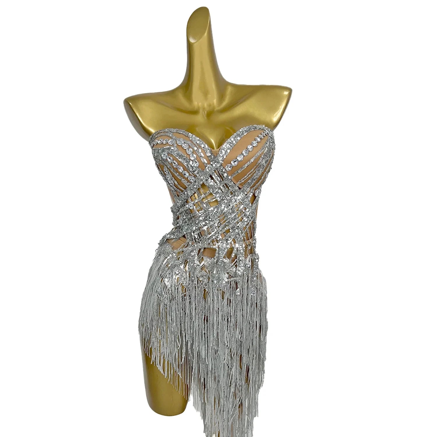 Silver Sequin Corset Fringes Skirts 2 Piece Outfit Sets Women Live House Performance Costume Club Las Vegas Show Dancer Wear