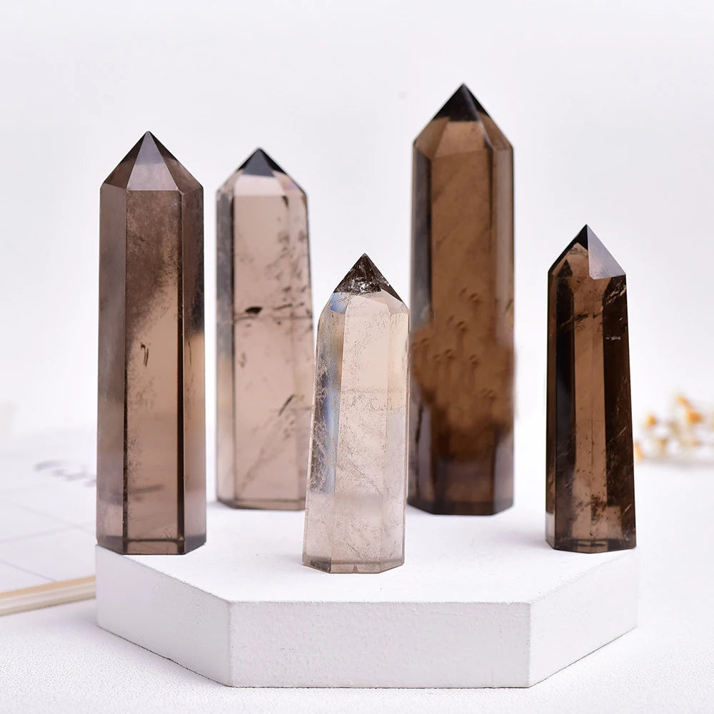 Natural Smoky Quartz Gemstone Crystal Hexagonal Pointed Reiki Chakra Faceted Prism Wand Stone