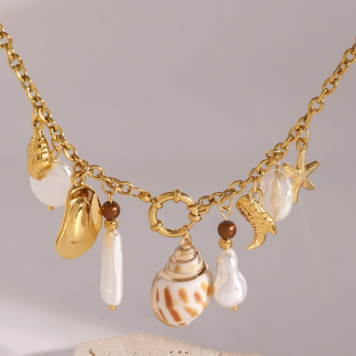Fashion Jewelry Beach Waterproof Stainless Steel 18K Gold Plated Multi Charms Irregular Pearl Conch Pendant Necklaces