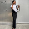 For Fashion Slim Empire Waist Women's 2023 Solid STREETWEAR Midi Breathable Satin Black A-Line Skirt Spring Summer