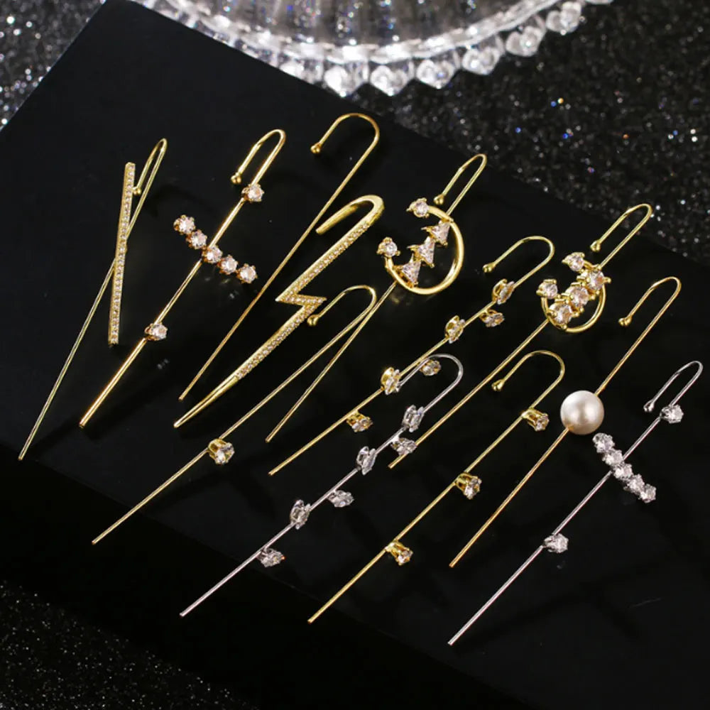 Brass Needle Ear Wrap Crawler Hook Earrings Climber Silver and Gold Colors Women