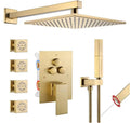 10 Inch Rainfall Shower System - Brushed Gold Thermostatic Shower Set with 4 Body Jets & Push Button Diverter