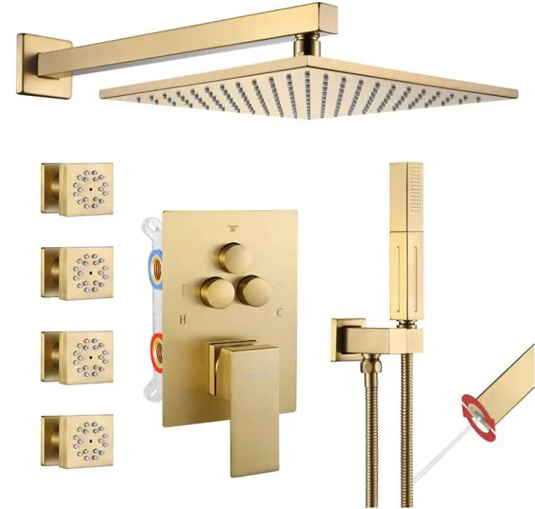10 Inch Rainfall Shower System - Brushed Gold Thermostatic Shower Set with 4 Body Jets & Push Button Diverter