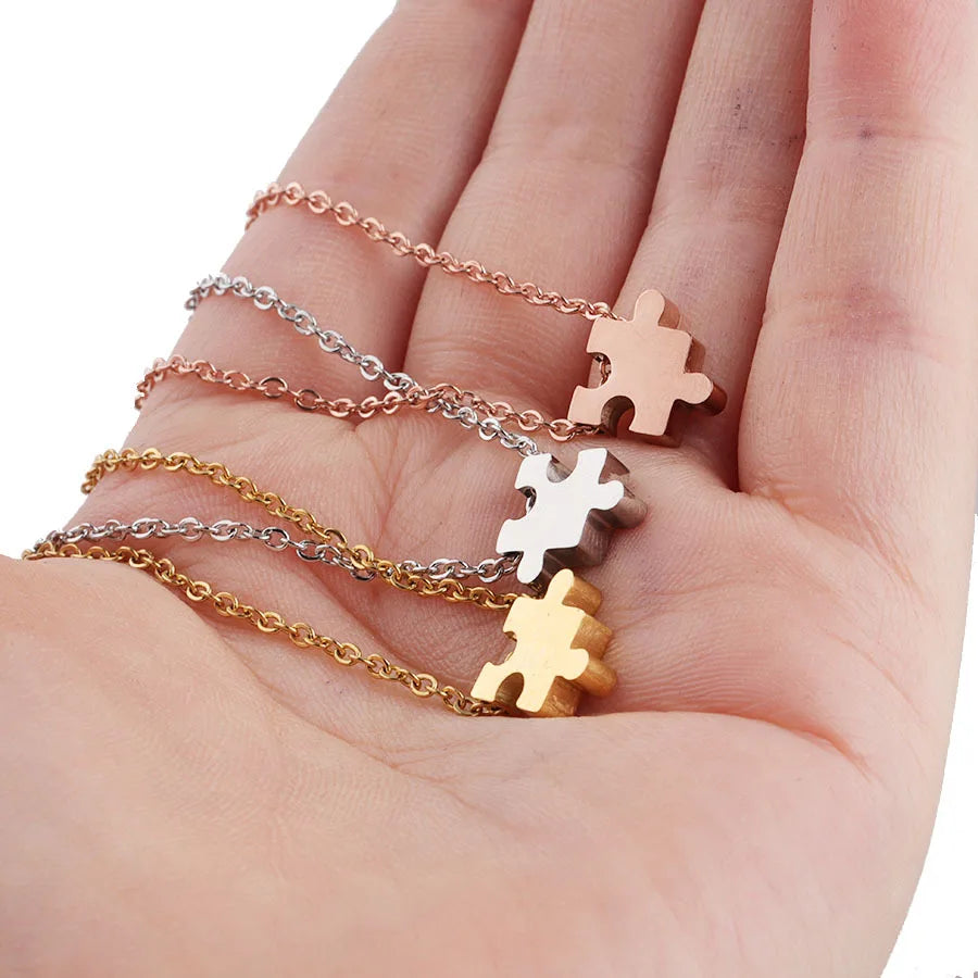 Fashion PVD Plated 18K Gold Silver Rose 316L Stainless Steel Women Ladies Tiny Jigsaw Puzzle Pendant Necklace Jewelry