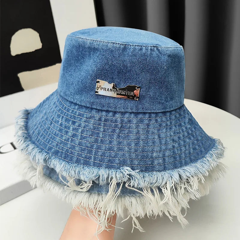 Vintage Woman Jeans Washed Fisherman Cap Bucket Hat Denim Distressed Hem Cotton Bucket Hat With Holes