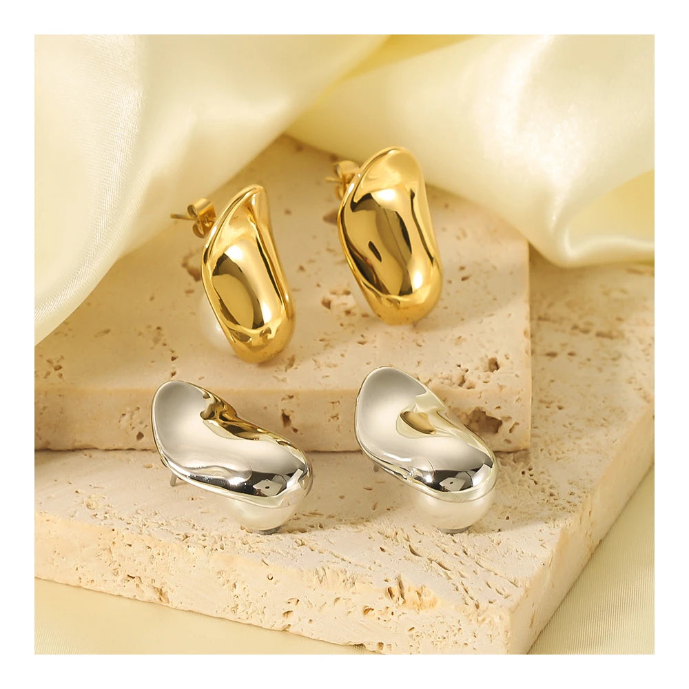 Designers Stainless Steel Pearl 18K Gold Plated Chunky Exaggerated Geometric Chinese Clog Shape Boat Stud Earrings Anniversary