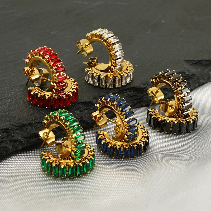 Nabest Women Cc Shape Cubic Zircon Colorful Earrings 18k Gold Plated Stainless Steel Stud Earrings Fashion Jewelry