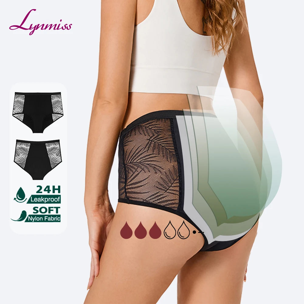 LYNMISS Women High Waist Bamboo Lace Silk Screen Printed Menstrual Panties Culott Underwear for Teens Period