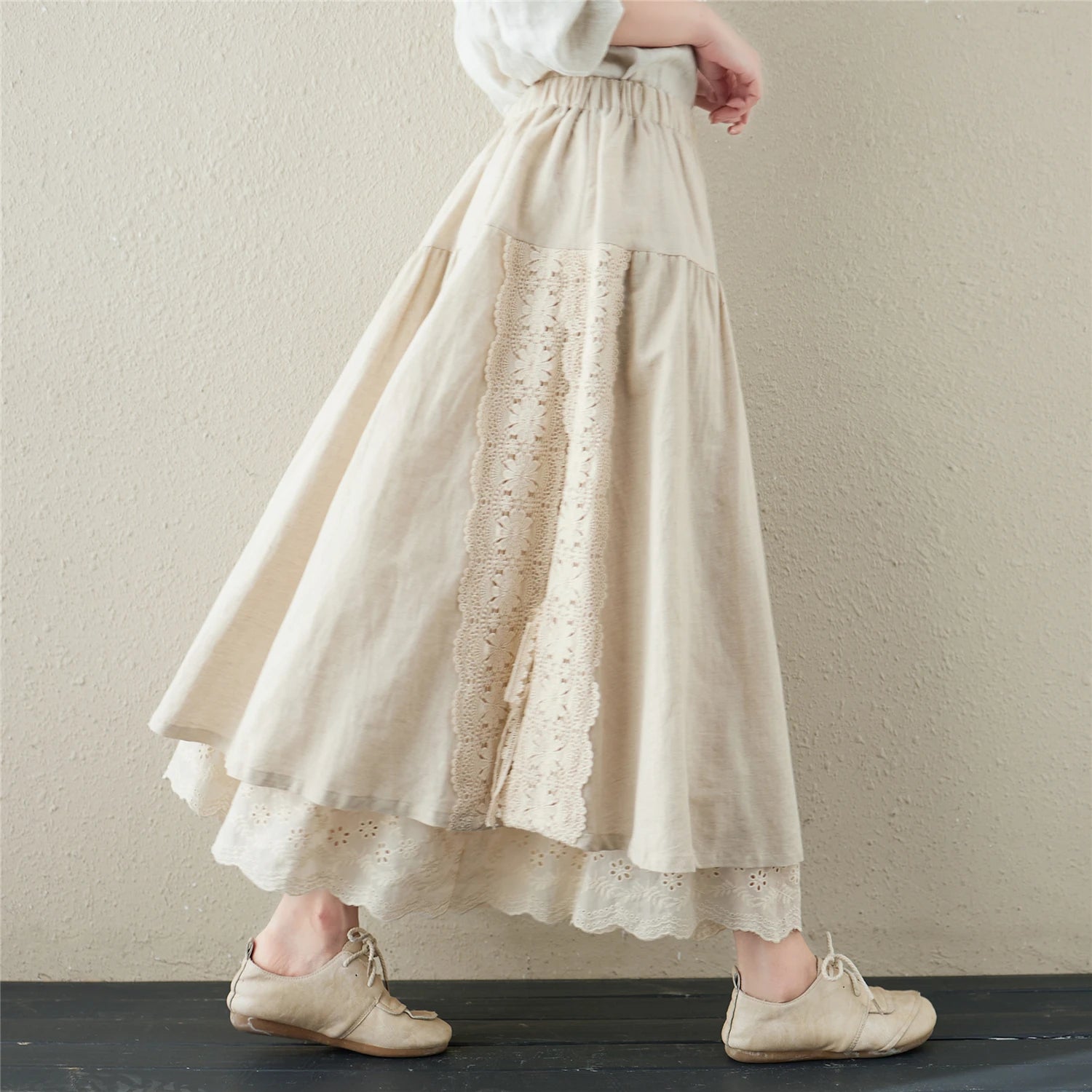 Wholesale 2026 Spring Linen Lined Lace-up Skirt  Women's Embroidered Elastic Waist Mid-length A-line Sweet Skirt