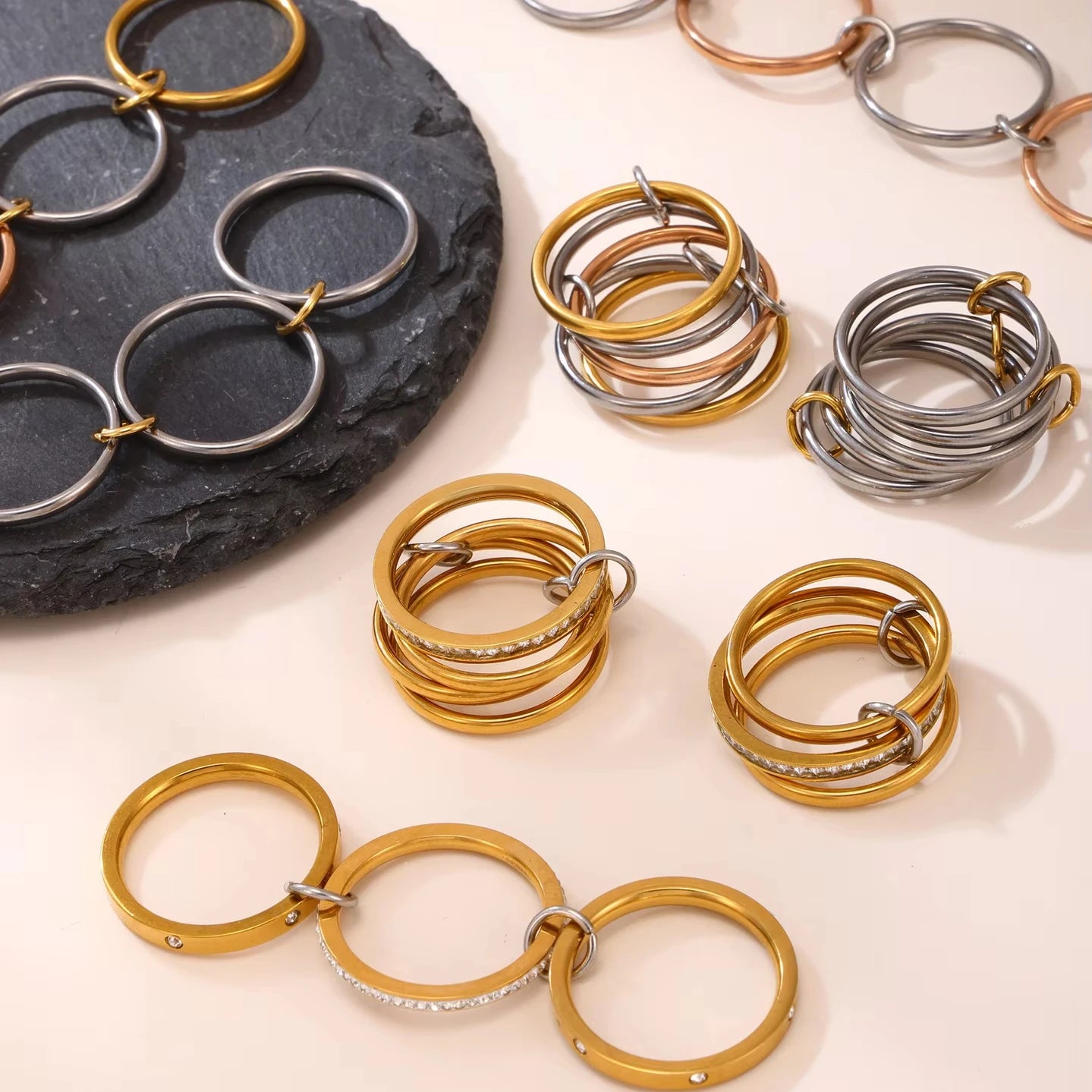 Interlocking Ring Two Toned Mixed Metals Gold and Silver PVD Stainless Steel Multilayered Stacked Zircon Ring Chunky Jewelry