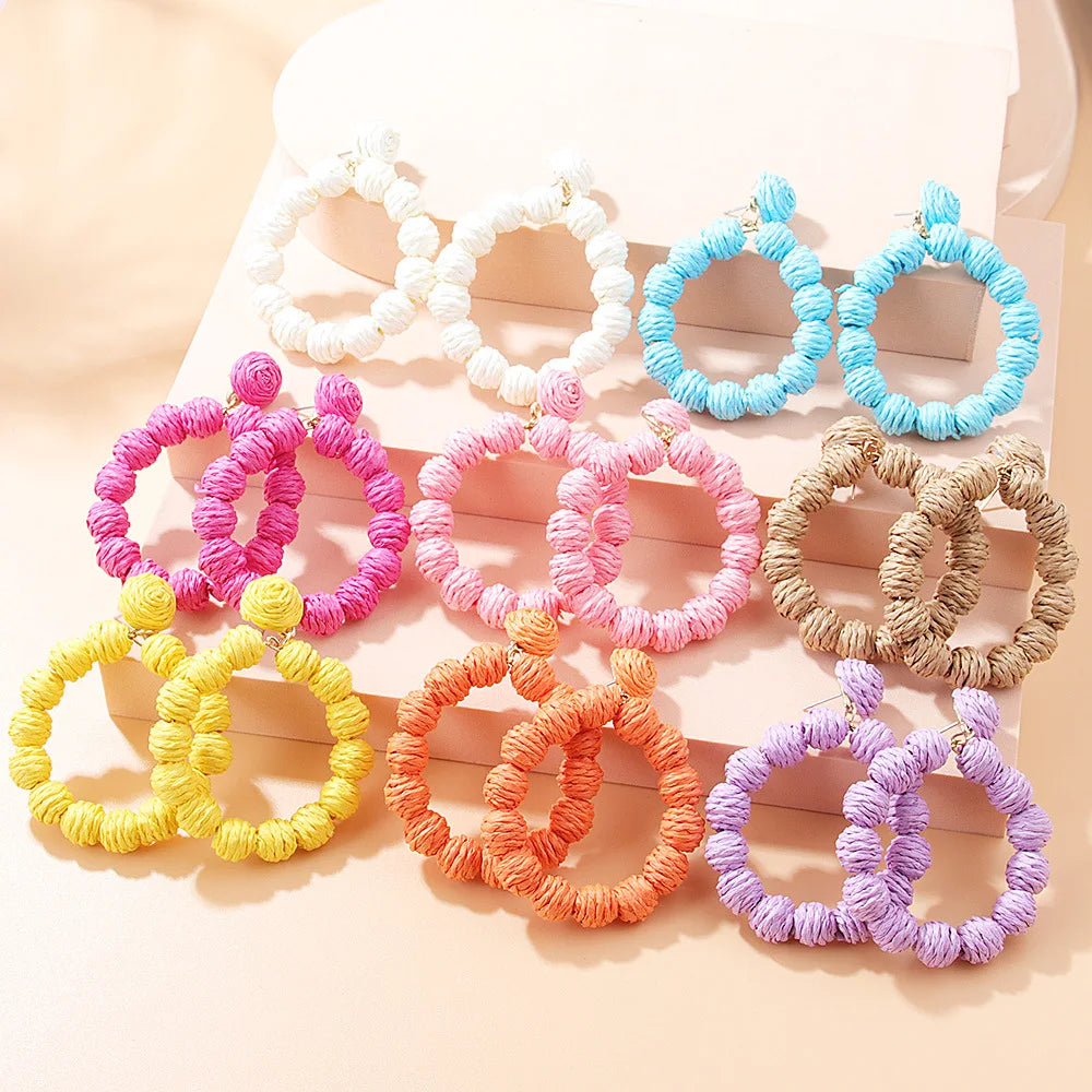 Ins Style Trend Female Handmade Rattan C-shaped Geometric Drop Earrings New Big Hoop and Raffia Balls for Party