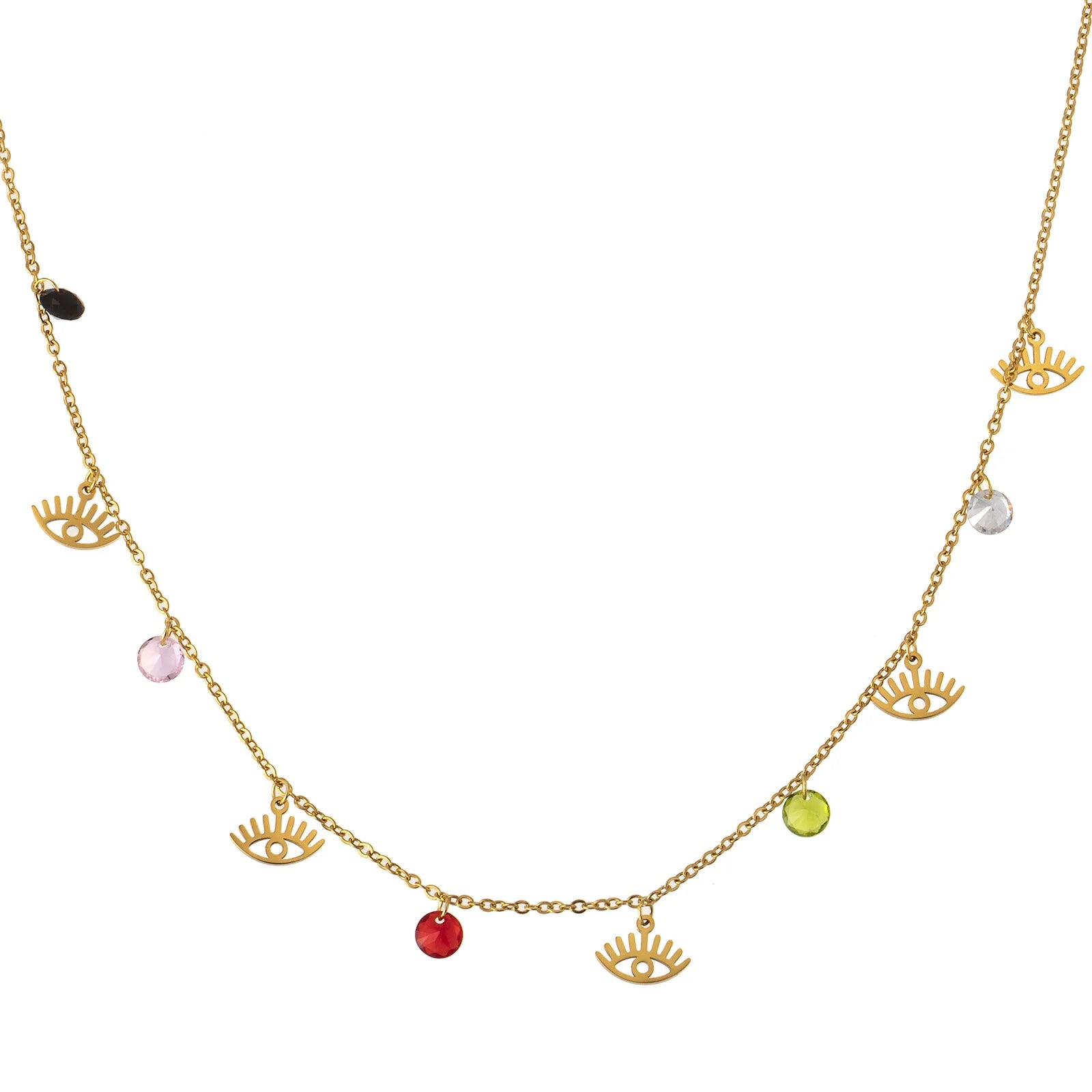 Fashion Titanium Stainless Steel Gold Color 18k Plated Lucky Evil Eyes Zircon Bead Pendant Chains Tassel Choker Necklace Jewelry