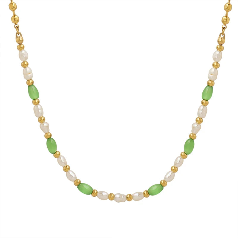 Wholesale Green Opal Beads Freshwater Pearl Necklace Stainless Steel Pendant Jewelry Necklace