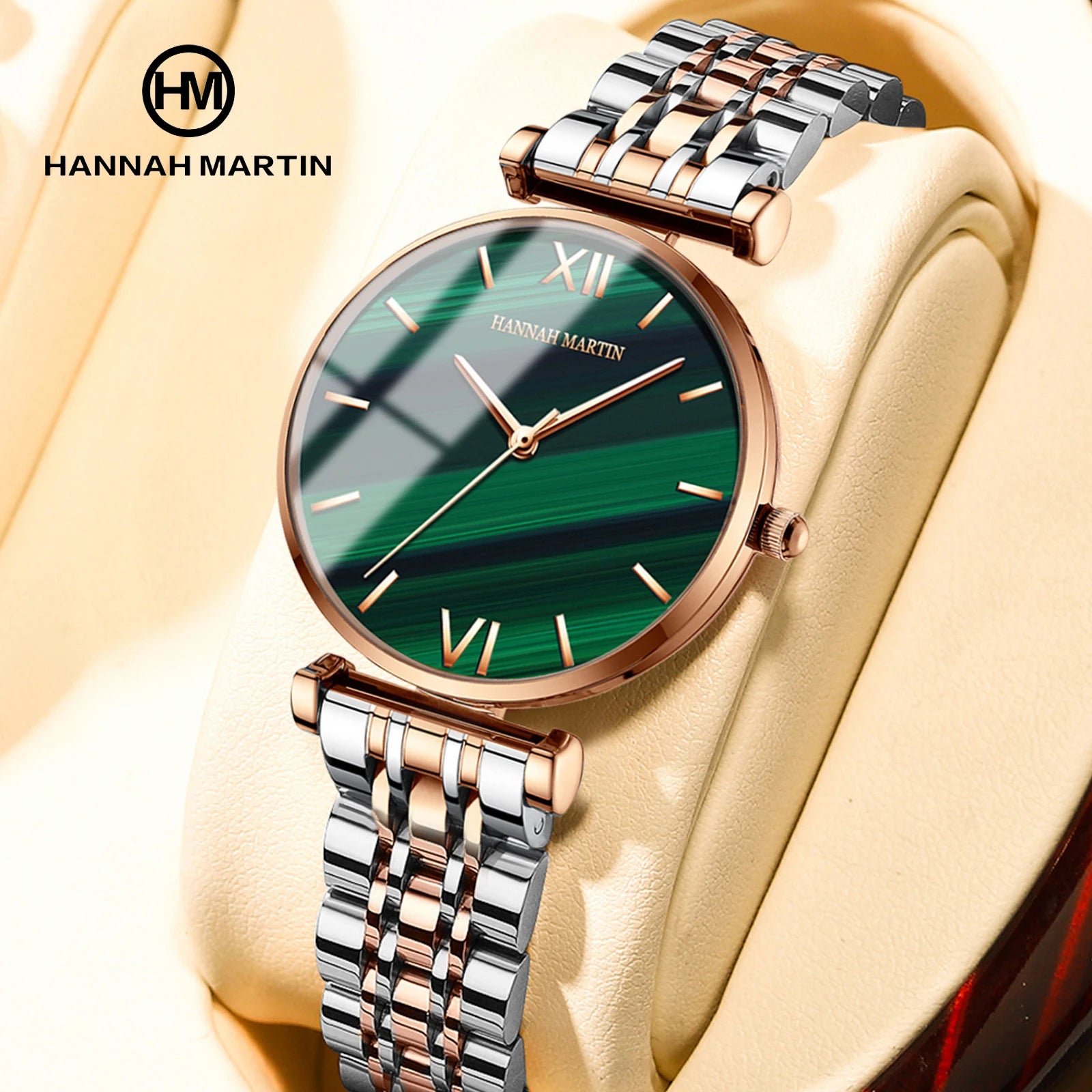 Hannah Martin Watches Factory Classic Ladies Watch Minimalist Simplicity Retro Green with Stainless Steel Strap Women's Watches