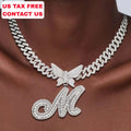 Unisex Iced Out Butterfly Cursive Letter Name Pendant Necklace Hip Hop Bling Bling Customizable Rhodium Plated Chains Jewelry