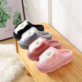 Winter Platform Shoes Women's Wooden Floor Thick-soled Plush Diamond-studded slippers