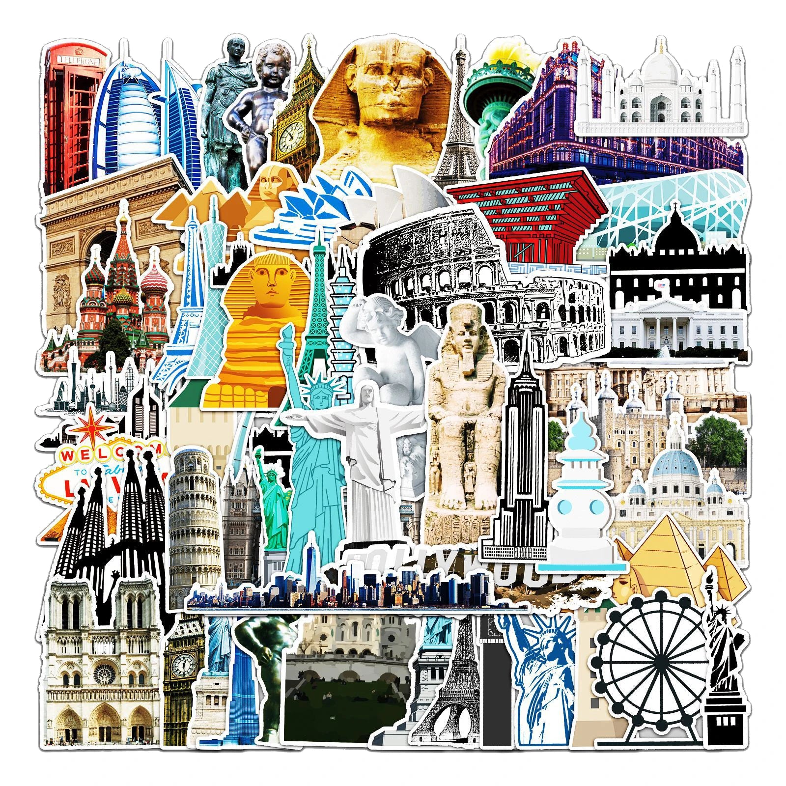 64Pcs Landmark Building World Travel Graffiti Stickers Bottle Luggage Decor Waterproof Architecture Sticker