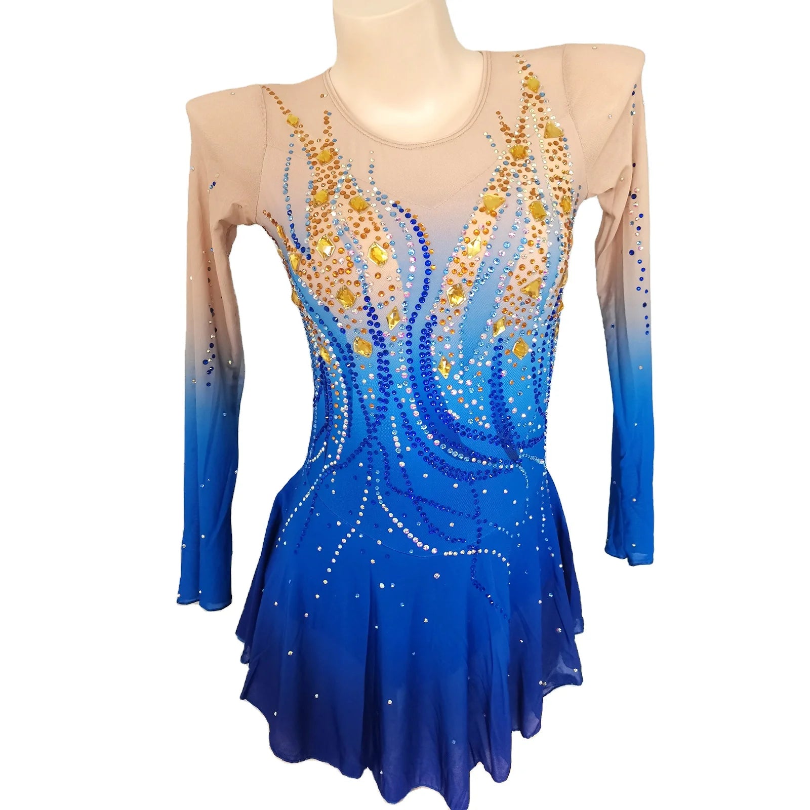 For LIUHUO Blue Ice Figure Skating Dress for Kids Girls Stylish Long Sleeves Gymnastic Leotards Performance Wear Costume